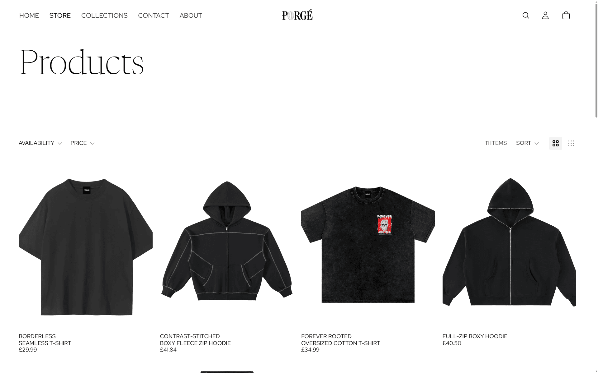 Product archive. Eleven items, hairline dividers, filters that stay out of the way.