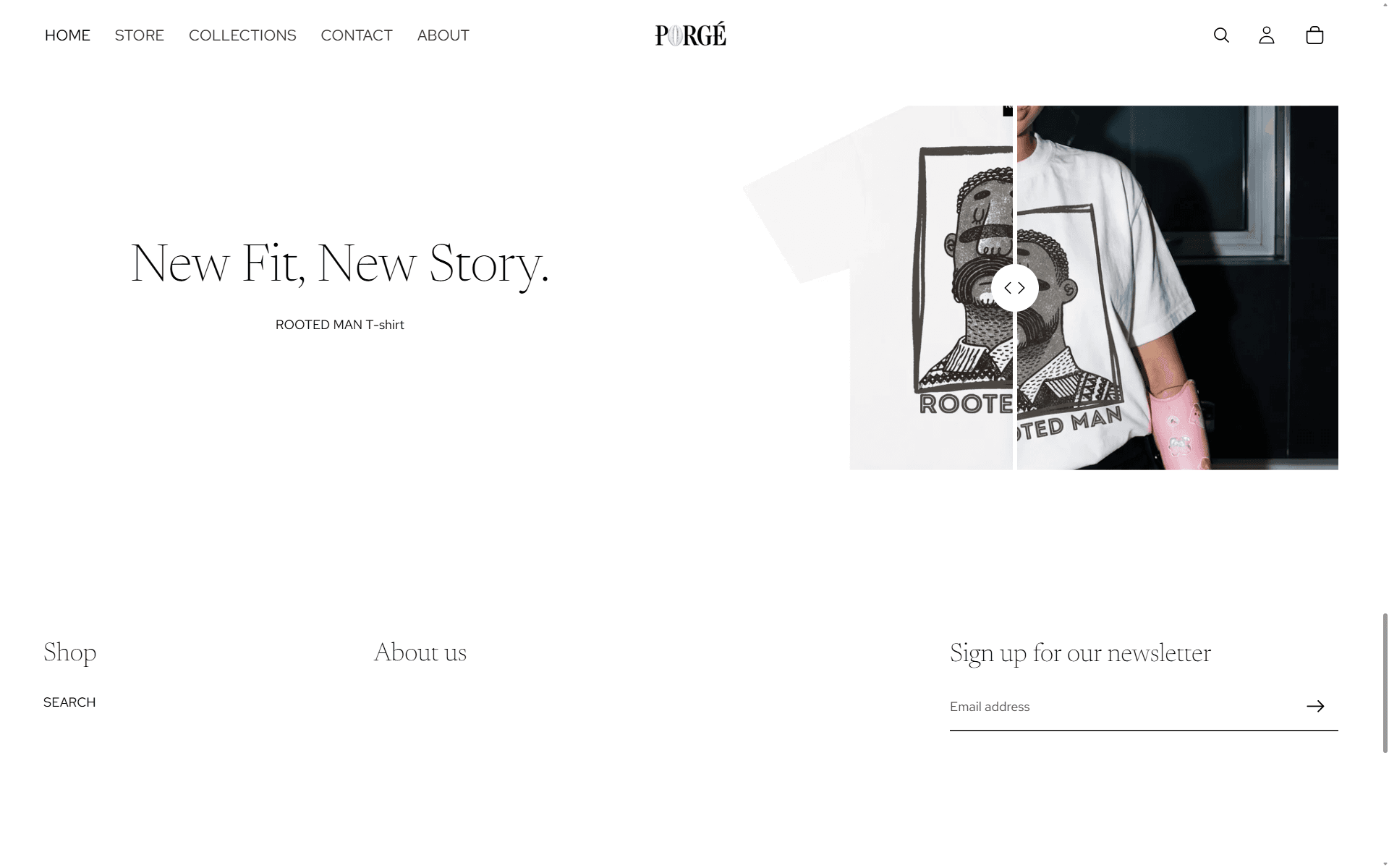 Rooted Man slider. The graphic tee given a gallery, not a grid cell.